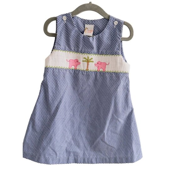 Smocked Giraffe Blue Polka Dot Dress Pink Elephants & Palm Tree Embroidery 2T - Picture 1 of 11